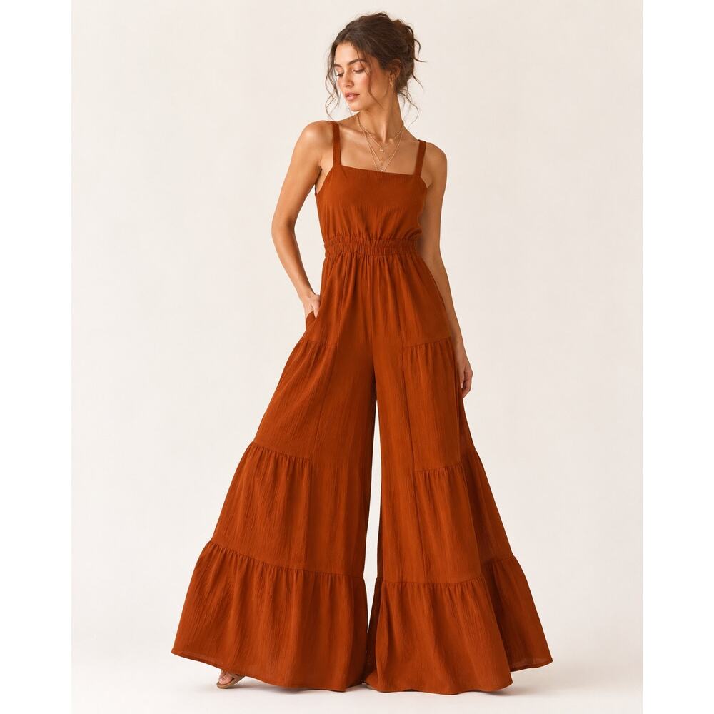 Rust Burnt Orange Smocked Tiered Wide Leg Palazzo Jumpsuit Boho M